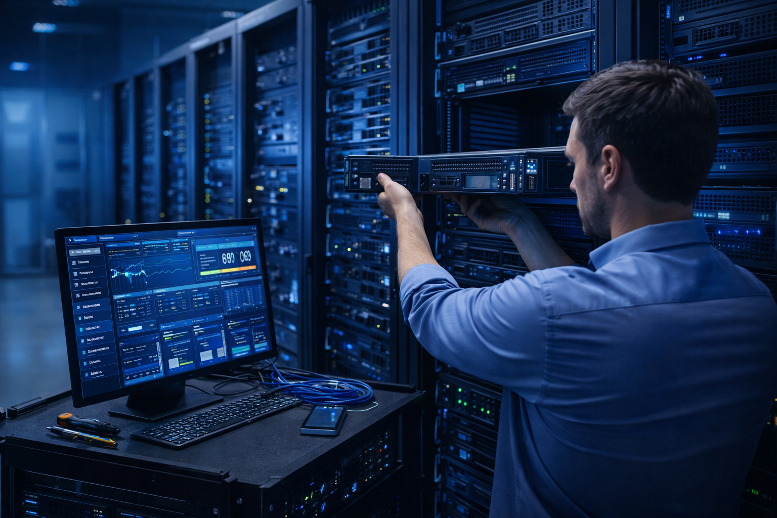 IT professional deploying server and network infrastructure equipment