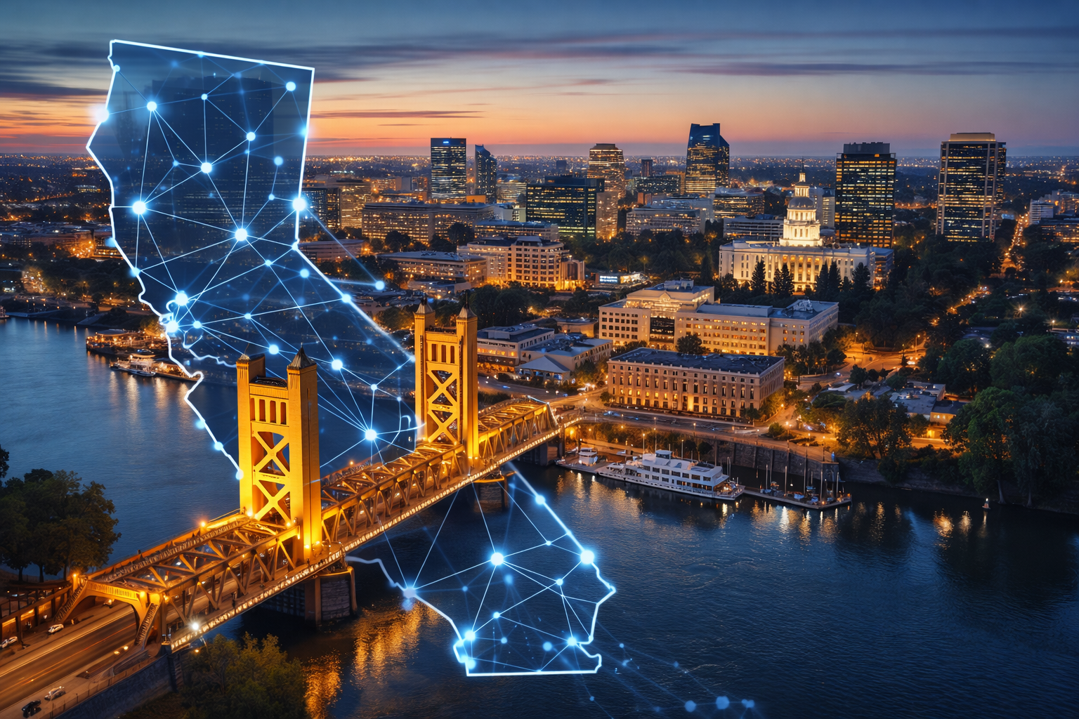 Digital network visual representing business IT support across Sacramento and the surrounding region